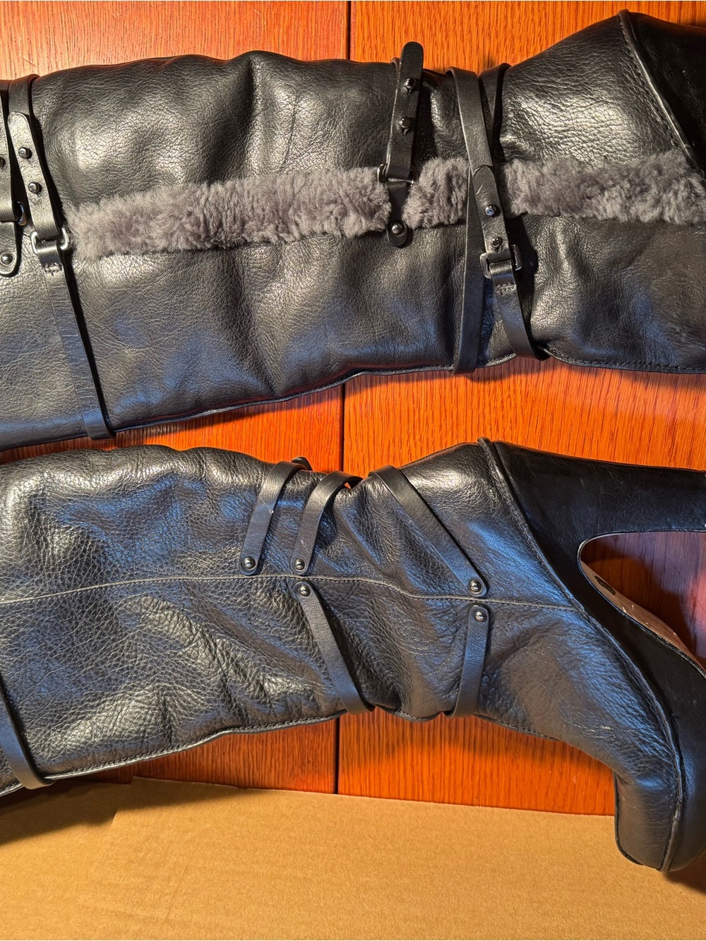BCBGMaxAzria Black Tall Leather Shearling-Trim Heeled Boots - Picture 7 of 9
